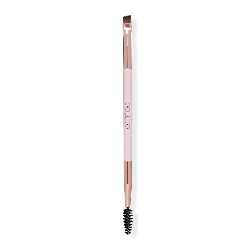 pink brush handle with rose gold accents. double ended brush - one end featuring a brow sculpting angled brush, the other end features a brow brush to straighten brow hairs after gel application. 