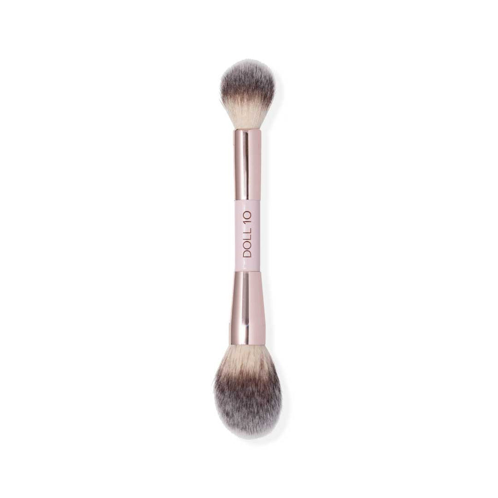 double ended brush with pink handle and rose gold accents - both ends are for powder application. 