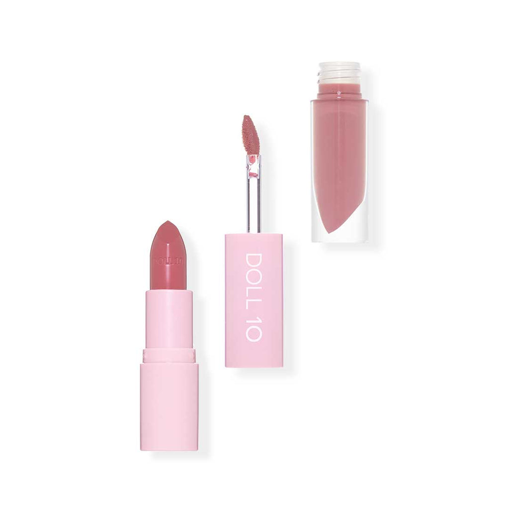 shade "flaunt" in lip wardrobe - one end is lip gloss and one end is lipstick