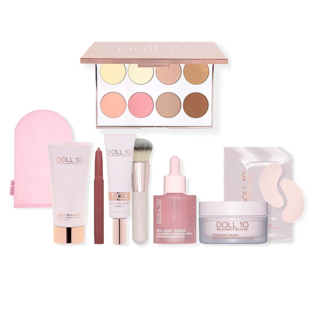 little pink box collection of 8 items - body perfector with mitt, lip lock serum, tce foundation, skin buffing brush, mushroom serum, cleansing balm, pack of eye gels, face palette