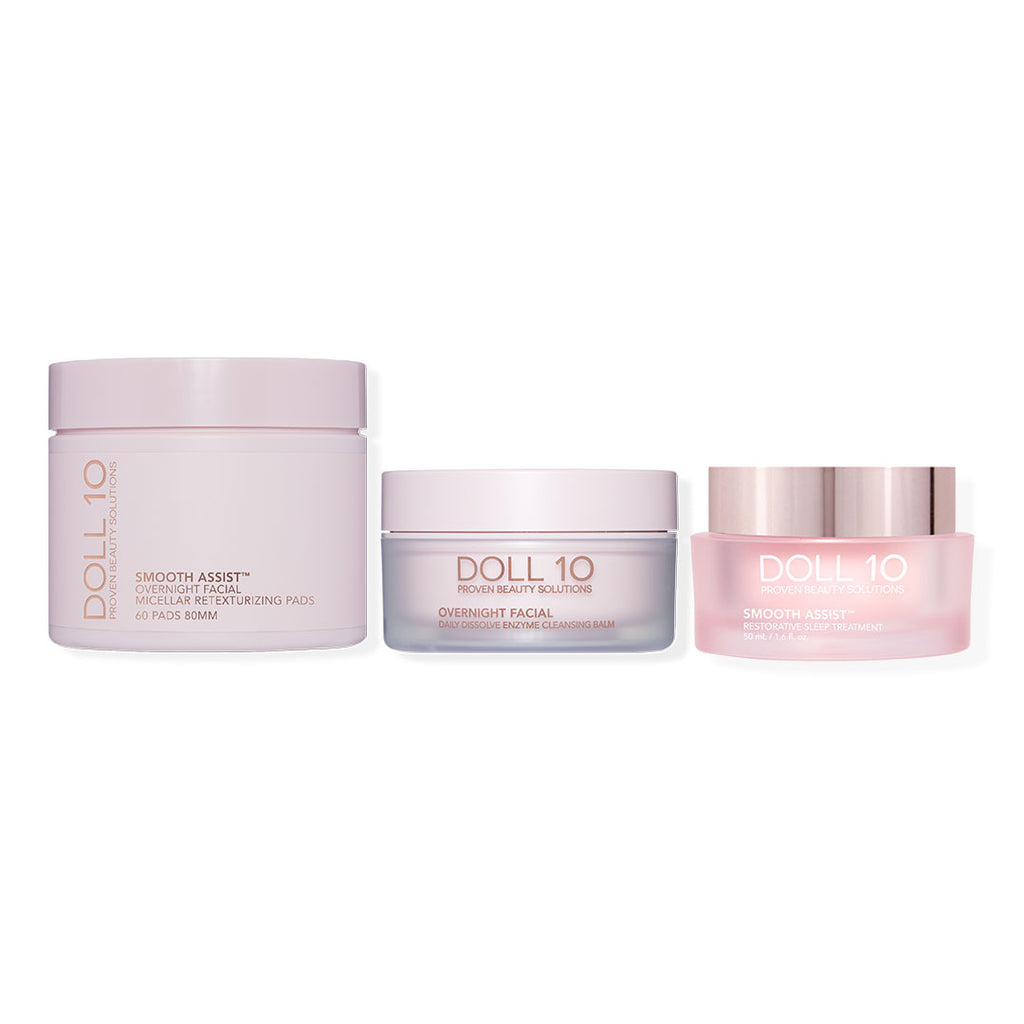 Nightly Skincare bundle - retexturizing pads, cleansing balm, restorative overnight facial 