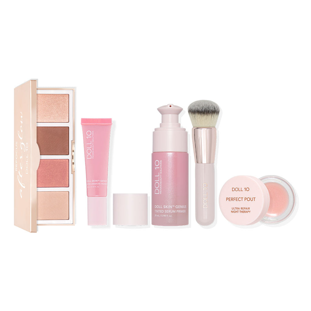 summer exclusive collection of all of our light coverage foundation - doll skin genius primer, doll skin genius tinted treatment, skin buffing brush, perfect pout lip therapy, afterglow palette with setting powder, highlighter, blush and bronzer 