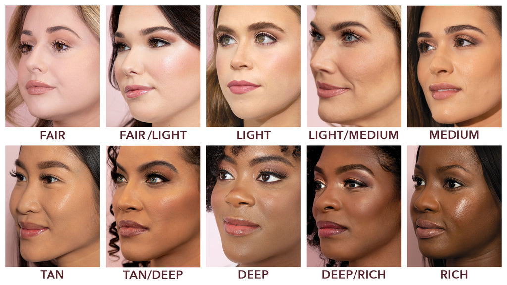 shade chart showing 10 shades of foundation on models