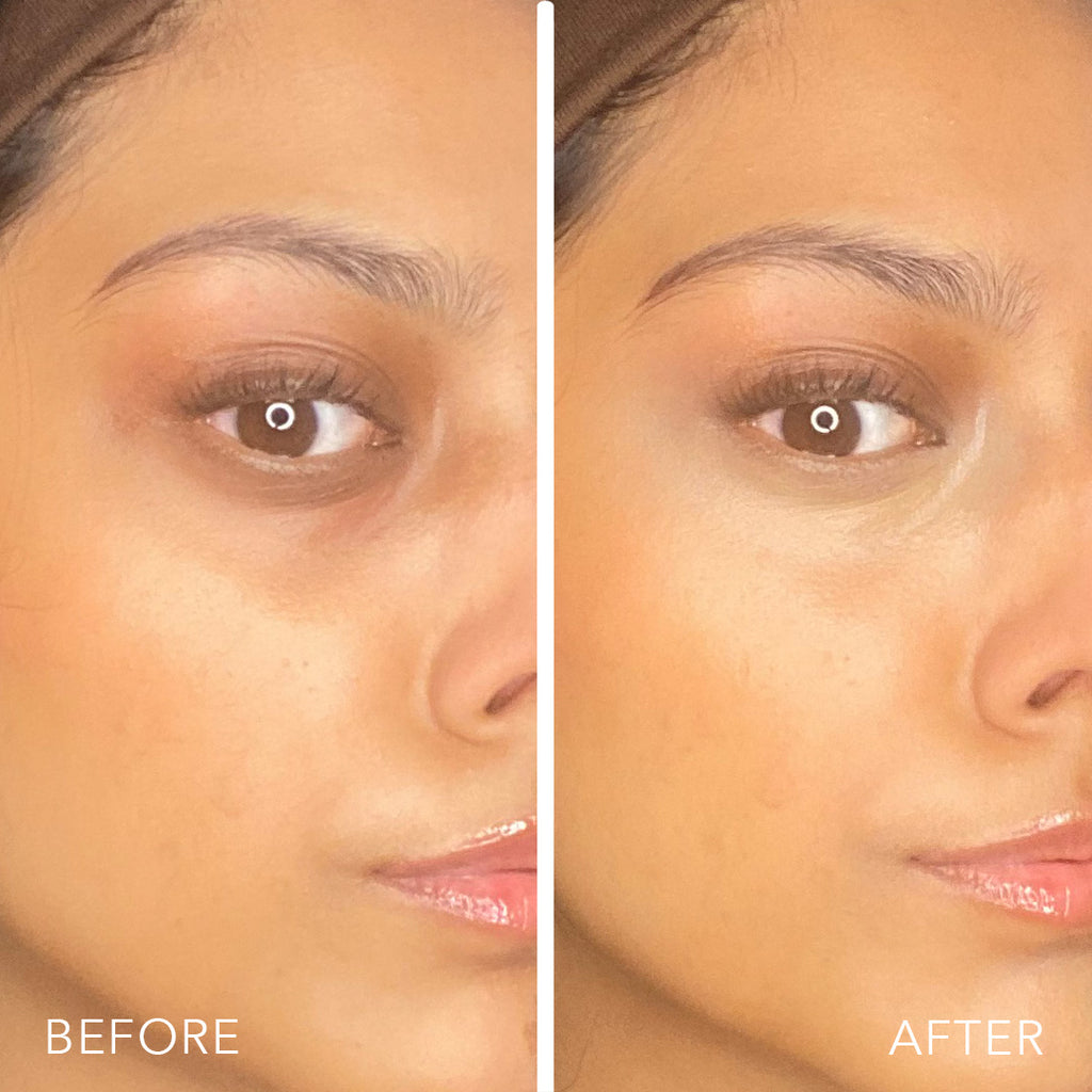 before and after of model wearing amber undereye corrector 