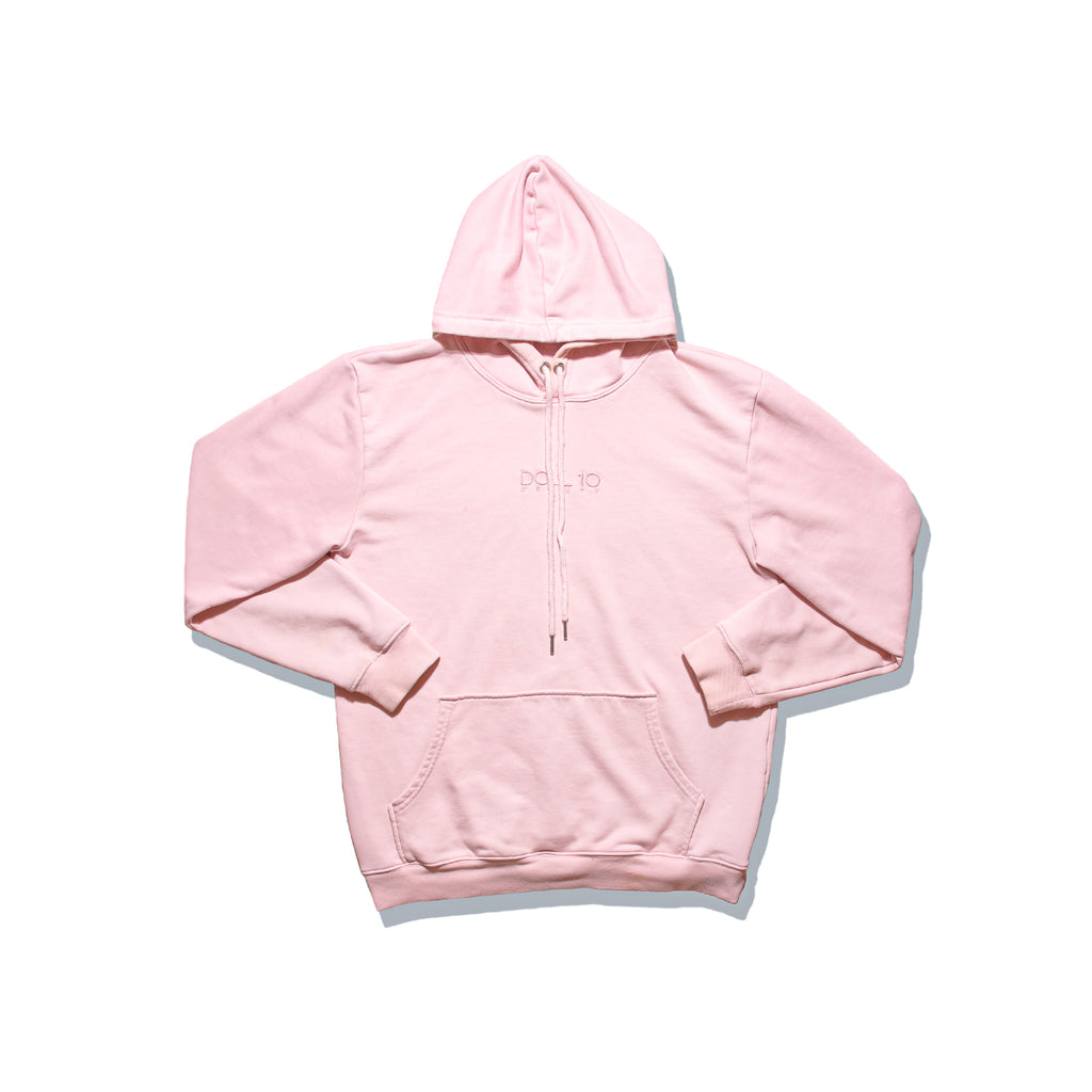 light pink hooded sweatshirt with hood and kangaroo pocket with doll 10 logo stitched on center front 