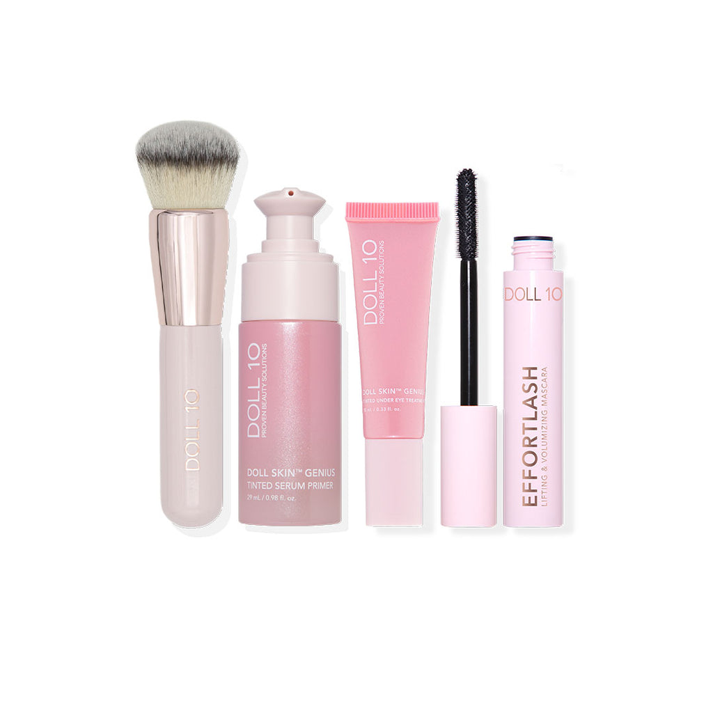 collection of dollskin genius™ products - full size skin buffing brush, tinted serum primer, tinted undereye treatment, effortlash mascara