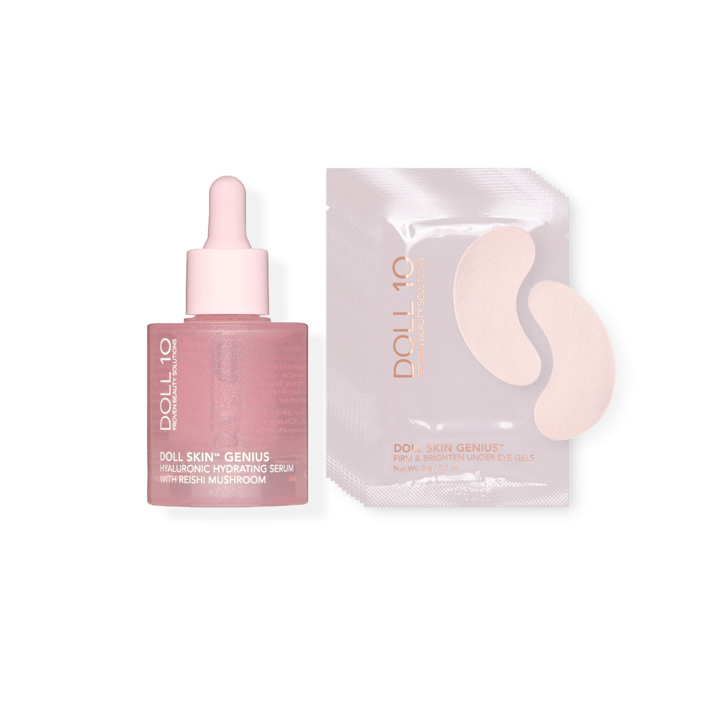 collection of two items - hyaluronic mushroom serum in pink tub with a single packet of eye gels