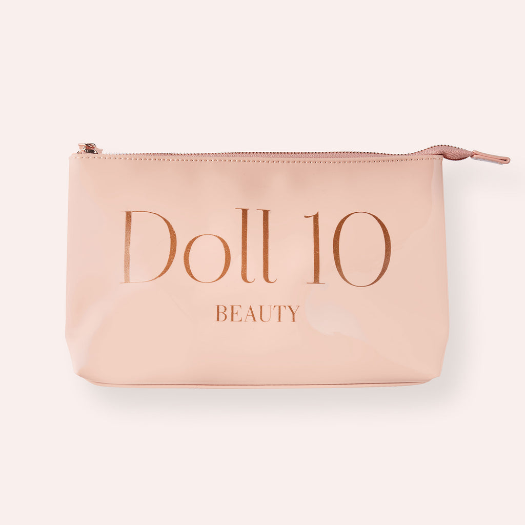 patent faux leather makeup bag with zip top closure 
