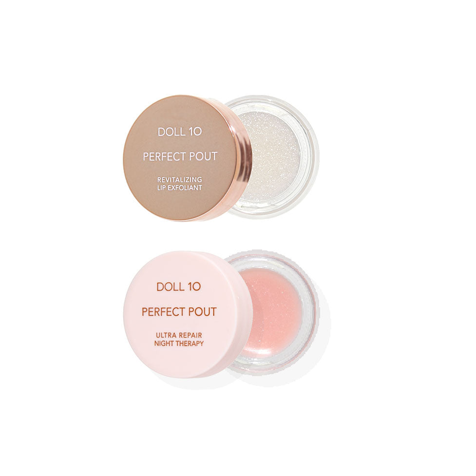 duo of our revitalizing lip treatments - one lip exfoliant and one ultra repair night therapy