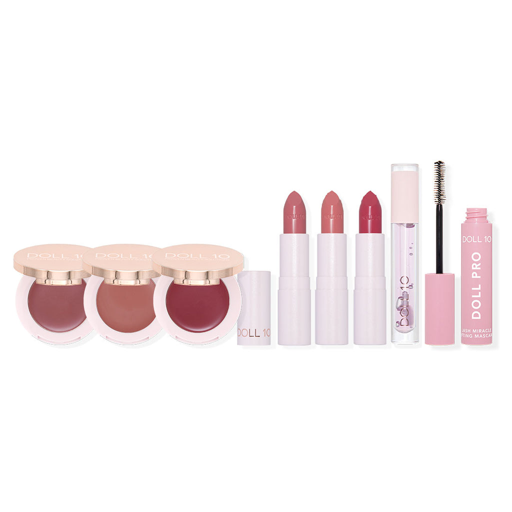 8 piece glow getter collection featuring 3 shades of cheek flush colors, 3 shades of lipstick, lip water and doll pro mascara