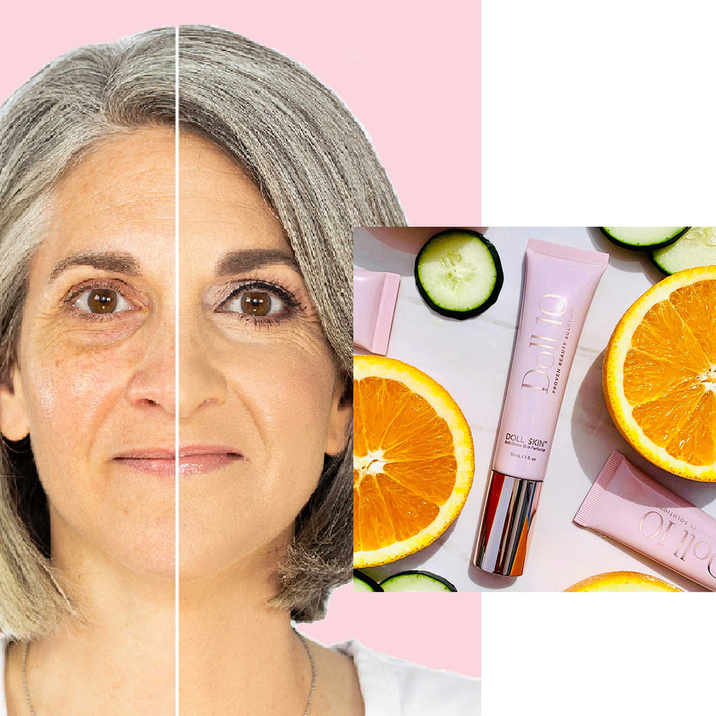 before and after image of a model. half of her face has the foundation on, the other side does not. Next to the model is a photo of the tube with some ingredients found in the formula